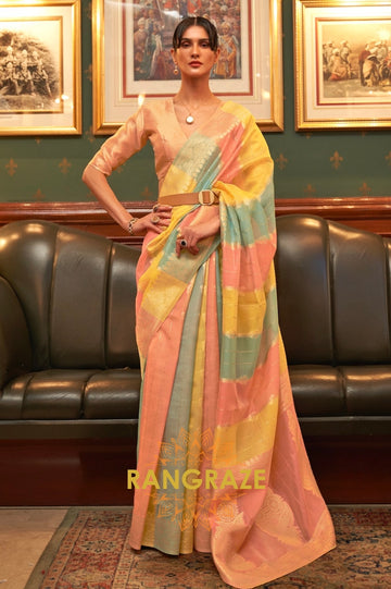 Yellow And Orange Woven Banarasi Organza Silk Saree