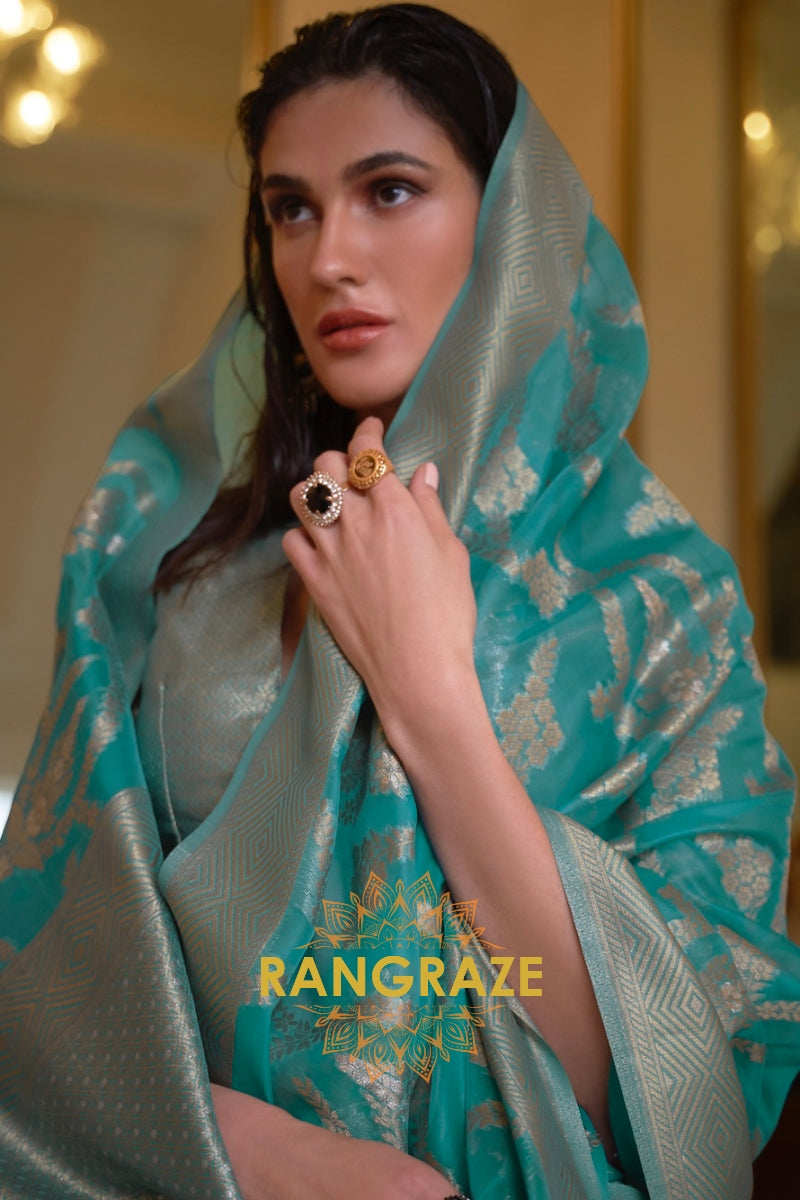 Sea Green Woven Banarasi Organza Silk Saree