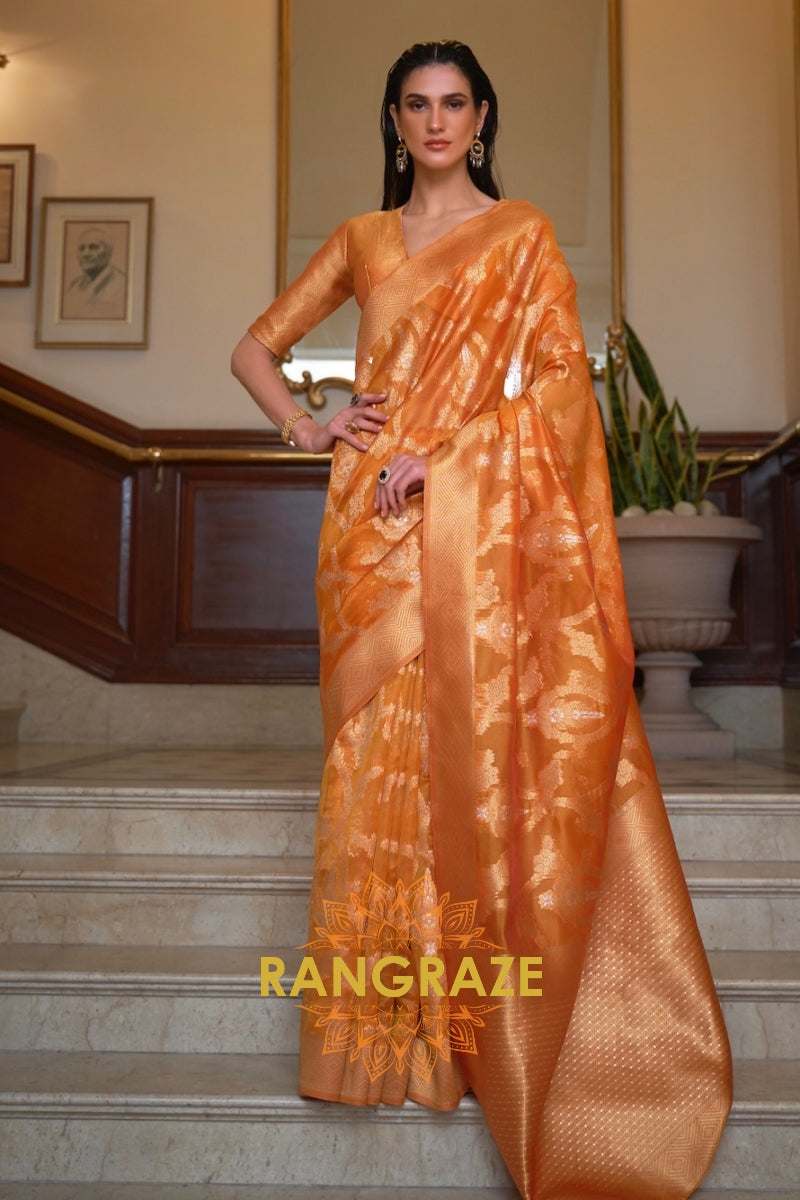 Orange Woven Banarasi Organza Silk Saree