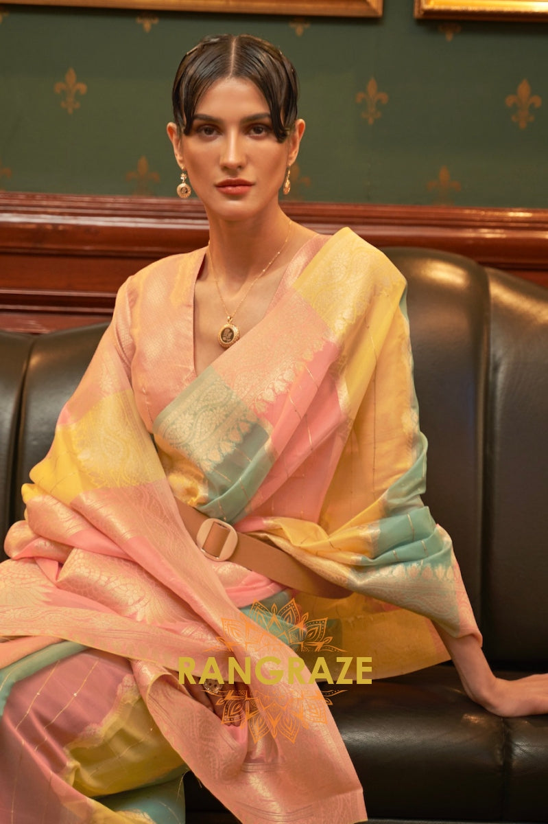 Yellow And Orange Woven Banarasi Organza Silk Saree