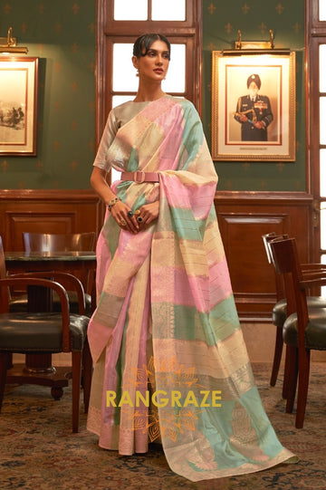 Sea Green And Pink Woven Banarasi Organza Silk Saree