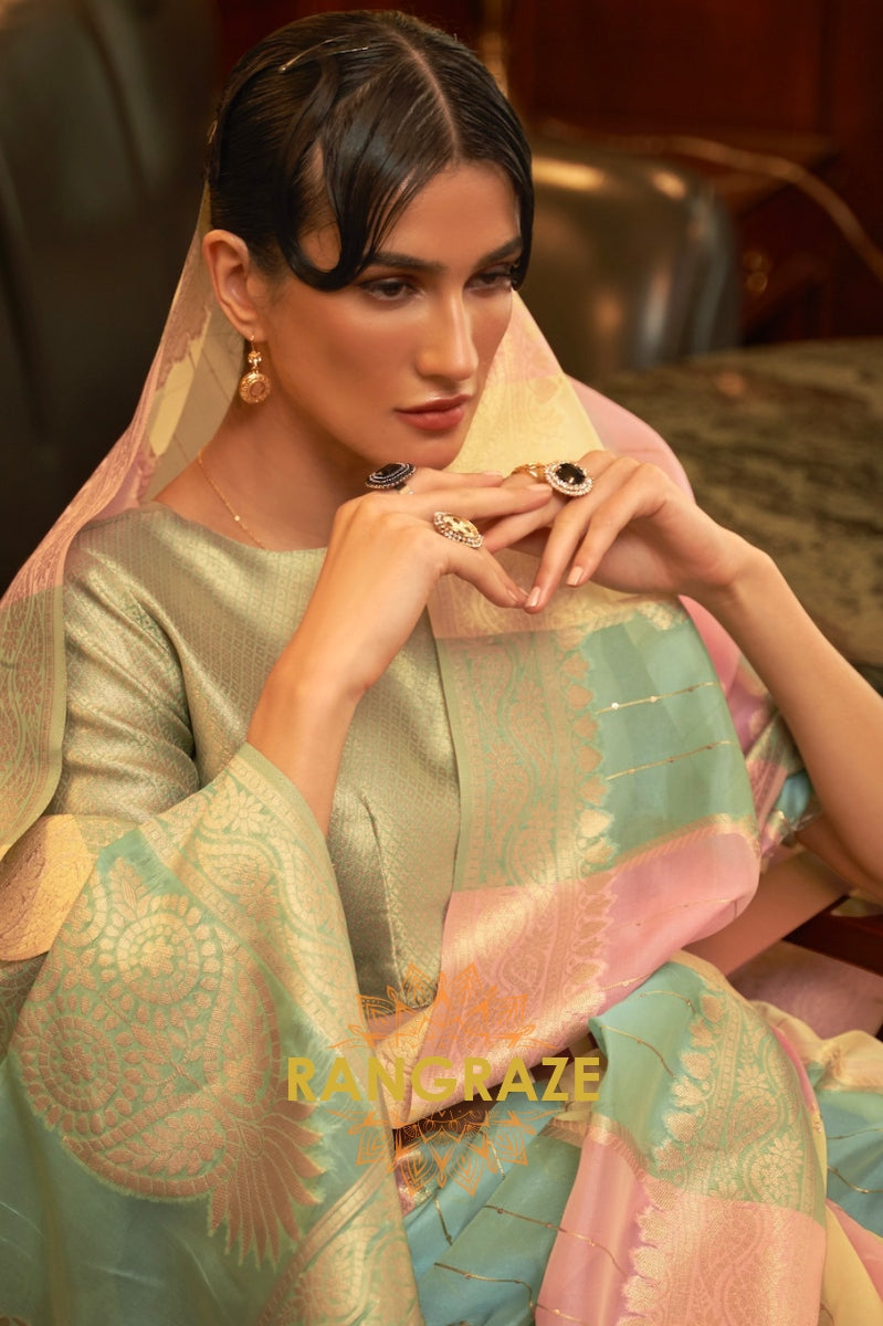 Sea Green And Pink Woven Banarasi Organza Silk Saree