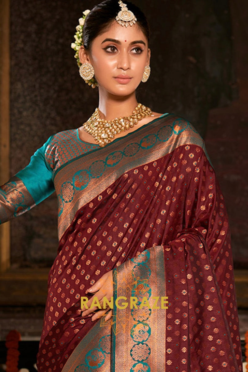 Prestige Brown Festive Banarasi Silk Saree With Heavy Zari Work