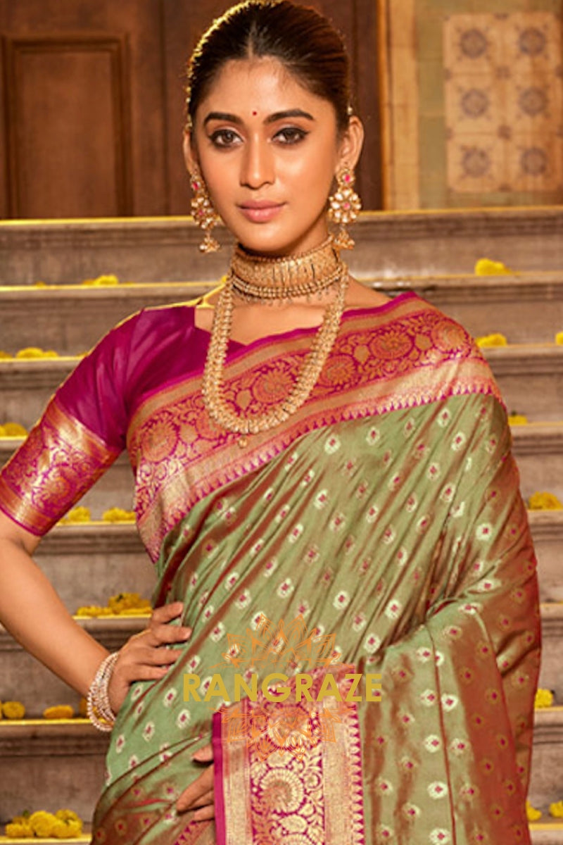 Mystic Green Heavy Work Festive Banarasi Silk Saree