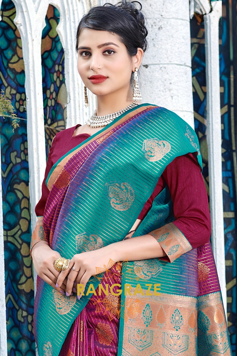 Maroon Blue Multi Shade Matching Blouse Banarasi Silk Saree