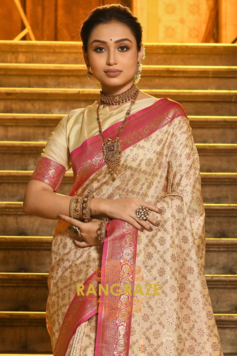 Beige Pink Celestial Banarasi Silk Saree With Intricate Zari Jaal Work