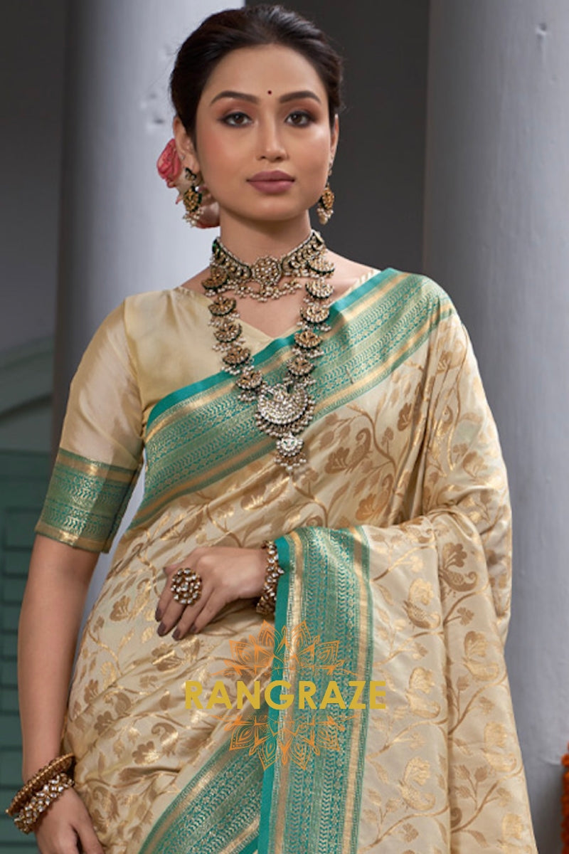 Beige Turquoise Classic Banarasi Silk Saree With Intricate Zari Jaal Work