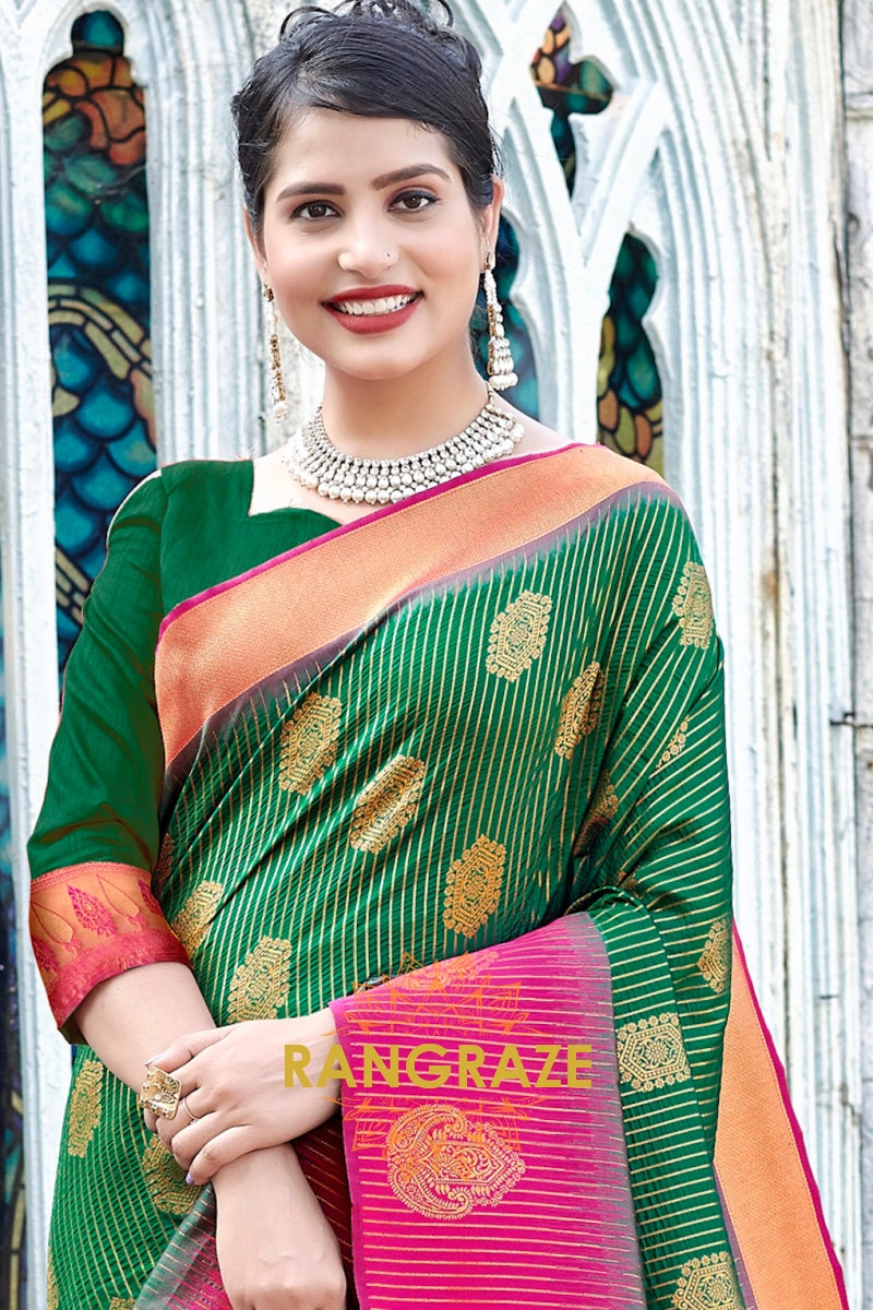 Green Pink Multi Shade Matching Blouse Banarasi Silk Saree