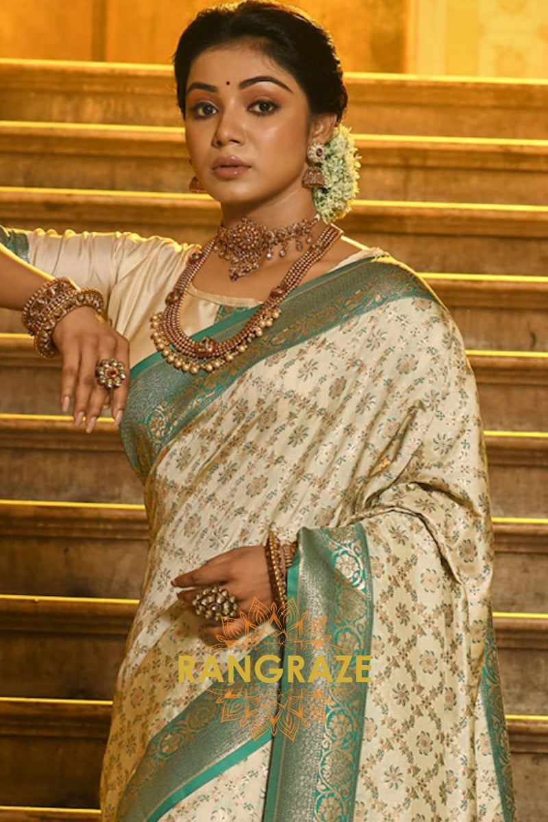 Beige Green Celestial Banarasi Silk Saree With Intricate Zari Jaal Work