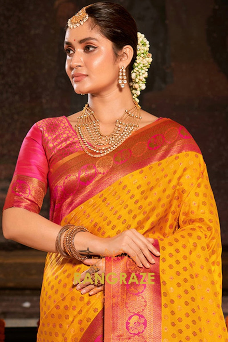 Prestige Yellow Festive Banarasi Silk Saree With Heavy Zari Work