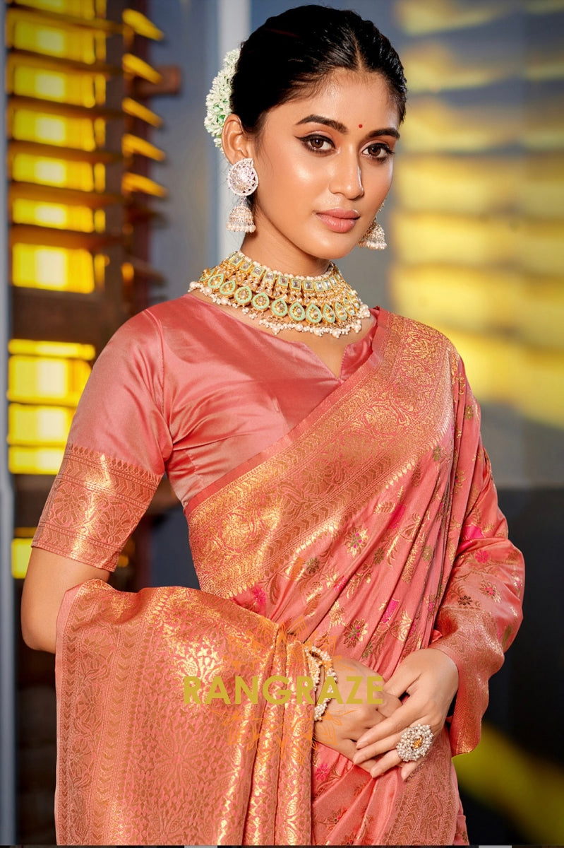 Enchanting Peach Pink Festive Banarasi Silk Saree With Heavy Zari Work