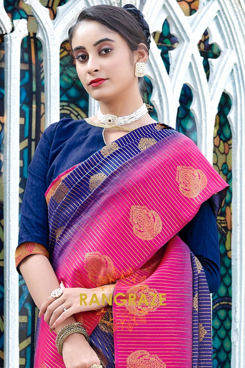 Blue Pink Multi Shade Matching Blouse Banarasi Silk Saree