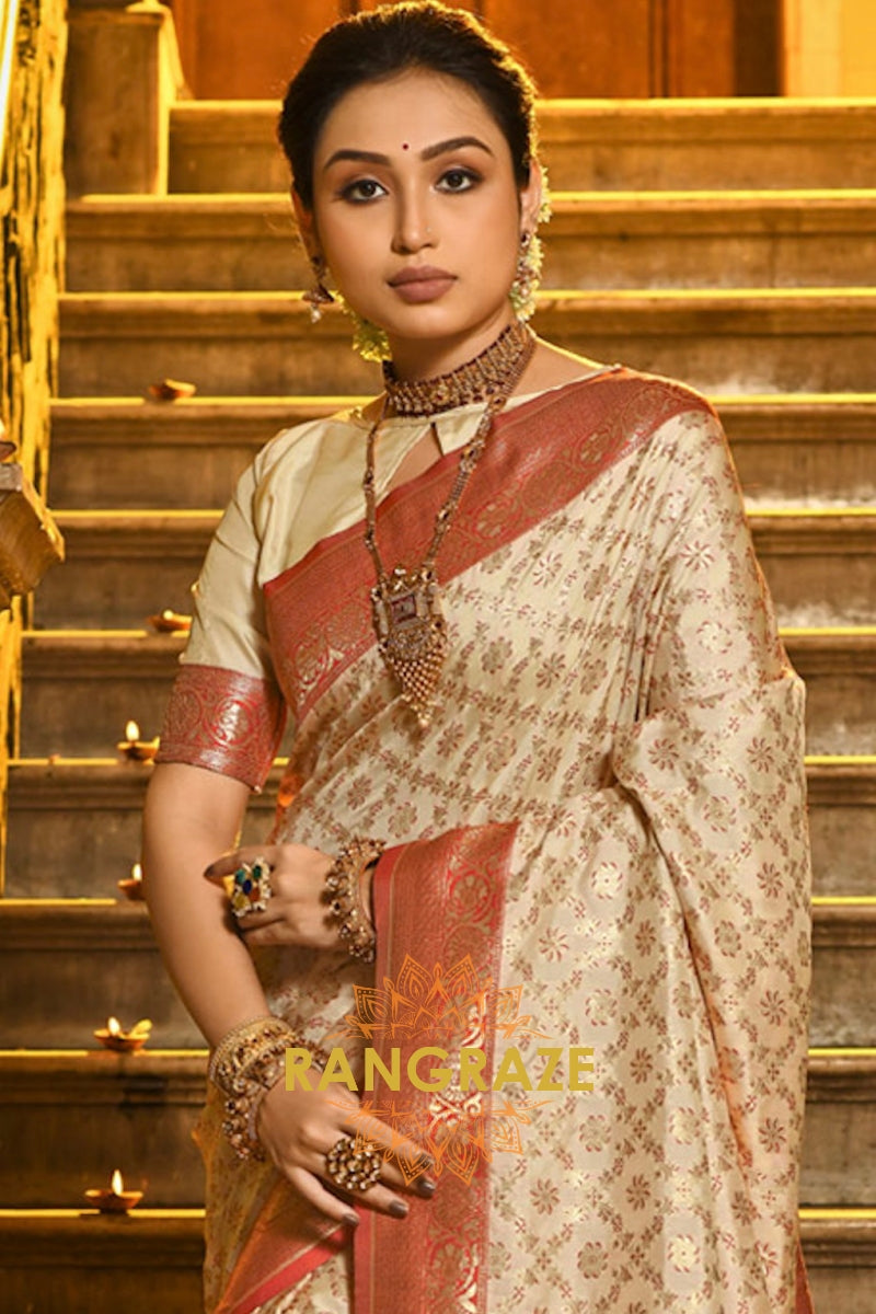 Beige Orange Celestial Banarasi Silk Saree With Intricate Zari Jaal Work