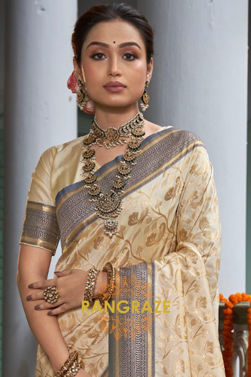 Beige Blue Classic Banarasi Silk Saree With Intricate Zari Jaal Work