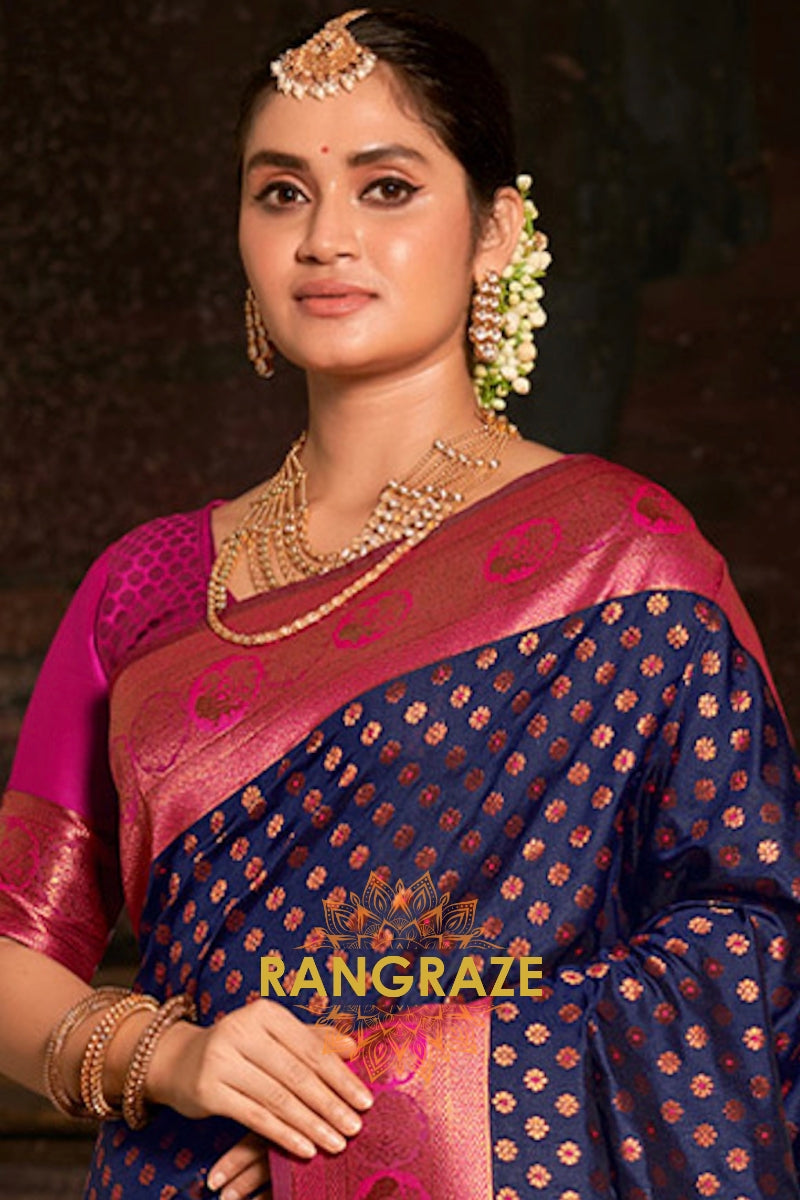 Prestige Blue Festive Banarasi Silk Saree With Heavy Zari Work