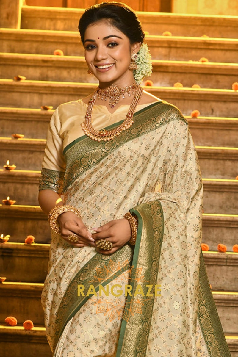 Beige Sea Green Celestial Banarasi Silk Saree With Intricate Zari Jaal Work