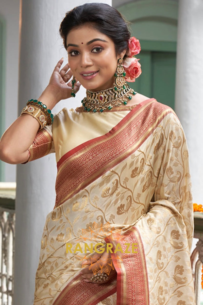 Beige Red Classic Banarasi Silk Saree With Intricate Zari Jaal Work