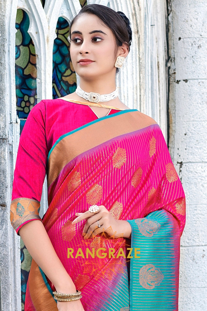 Pink Magenta Multi Shade Matching Blouse Banarasi Silk Saree