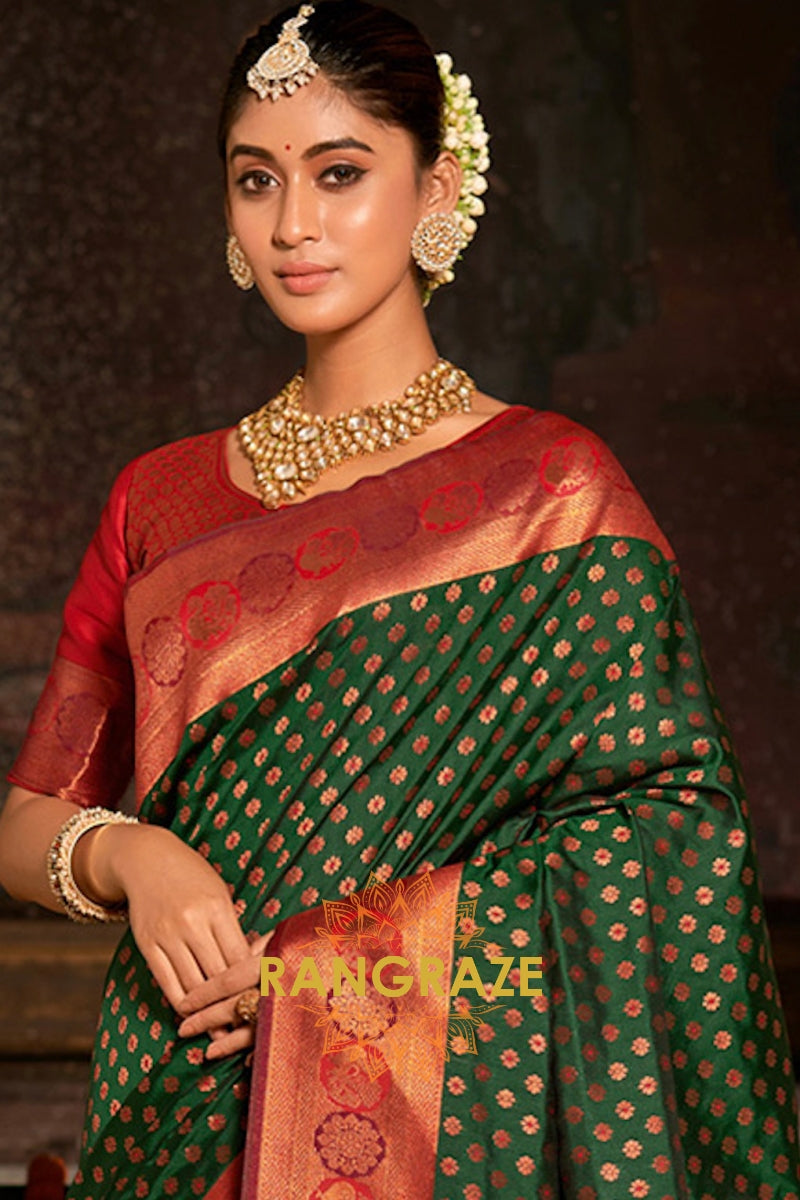 Prestige Green Festive Banarasi Silk Saree With Heavy Zari Work