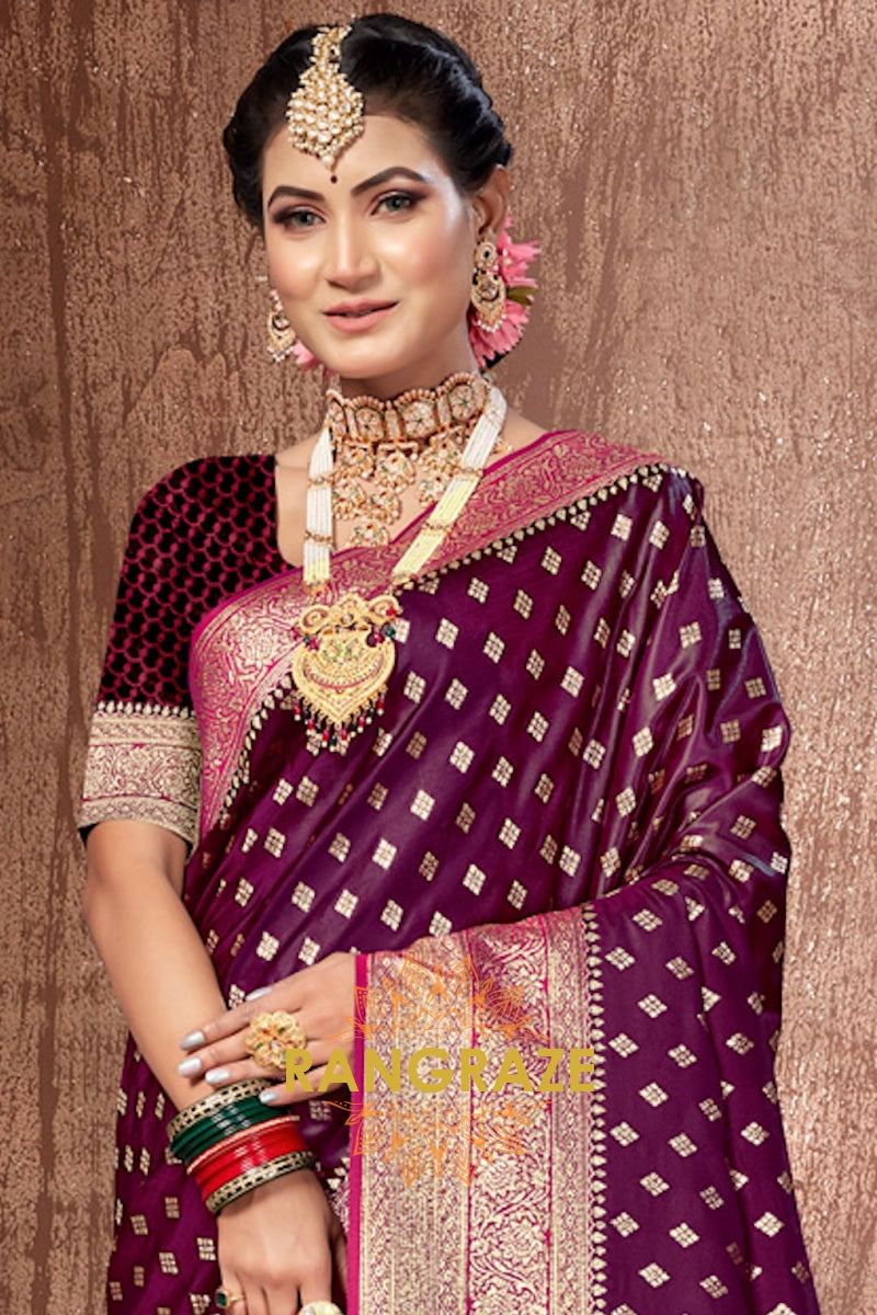 Maroon Pink Heavy Work Festive Banarasi Silk Saree