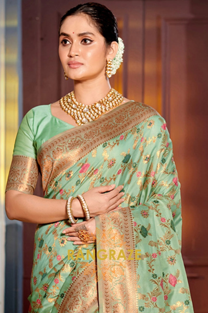 Enchanting Sea Green Festive Banarasi Silk Saree With Heavy Zari Work