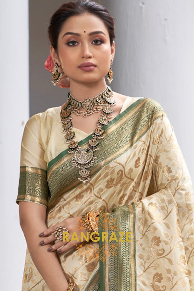 Beige Green Classic Banarasi Silk Saree With Intricate Zari Jaal Work