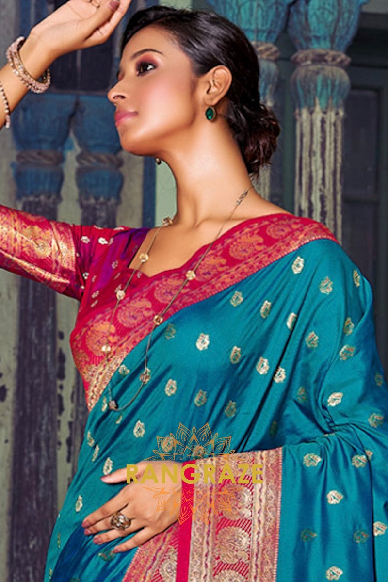 Regal Turquoise Heavy Work Festive Banarasi Silk Saree