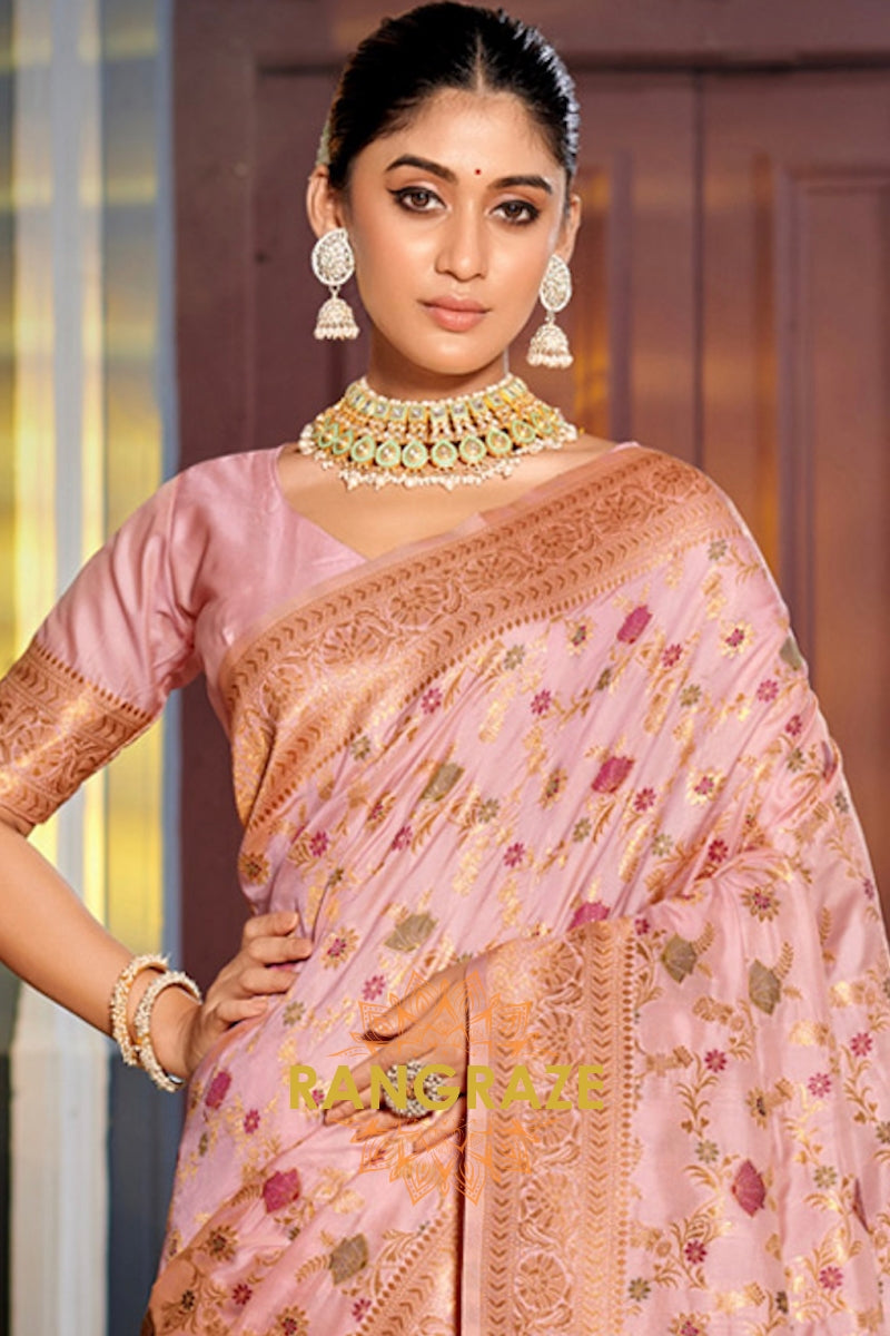 Enchanting Rose Pink Festive Banarasi Silk Saree With Heavy Zari Work