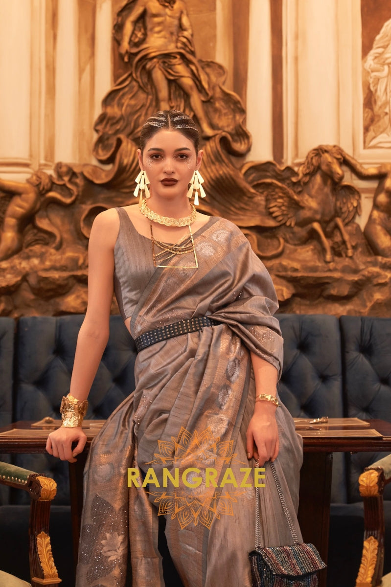 Grey Tusser Silk Saree With Rich Sequin Work