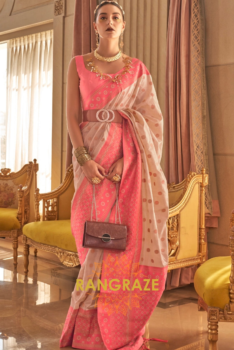 Beige Dual Tone Bronze Zari Woven Soft Silk Saree