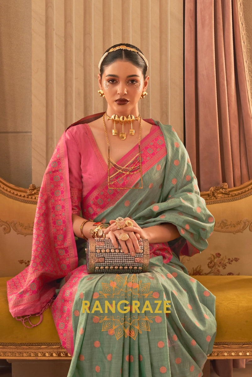 Sea Green Dual Tone Bronze Zari Woven Soft Silk Saree