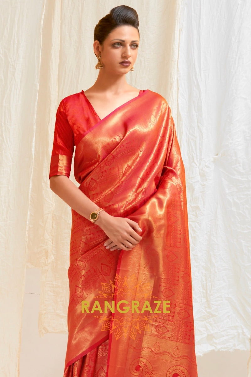Glitter Peachy Pink Handloom Weaving Kanjivaram Silk Saree