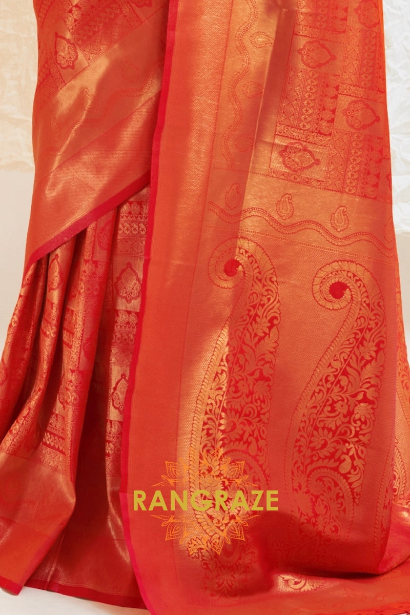 Glitter Peachy Pink Handloom Weaving Kanjivaram Silk Saree