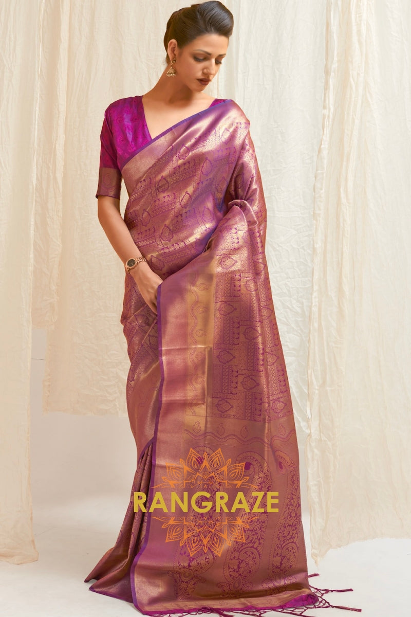 Glitter Purple Handloom Weaving Kanjivaram Silk Saree