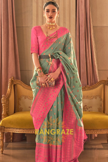 Sea Green Dual Tone Bronze Zari Woven Soft Silk Saree