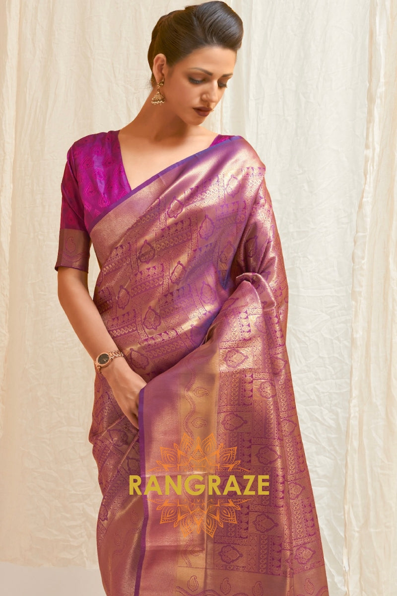 Glitter Purple Handloom Weaving Kanjivaram Silk Saree
