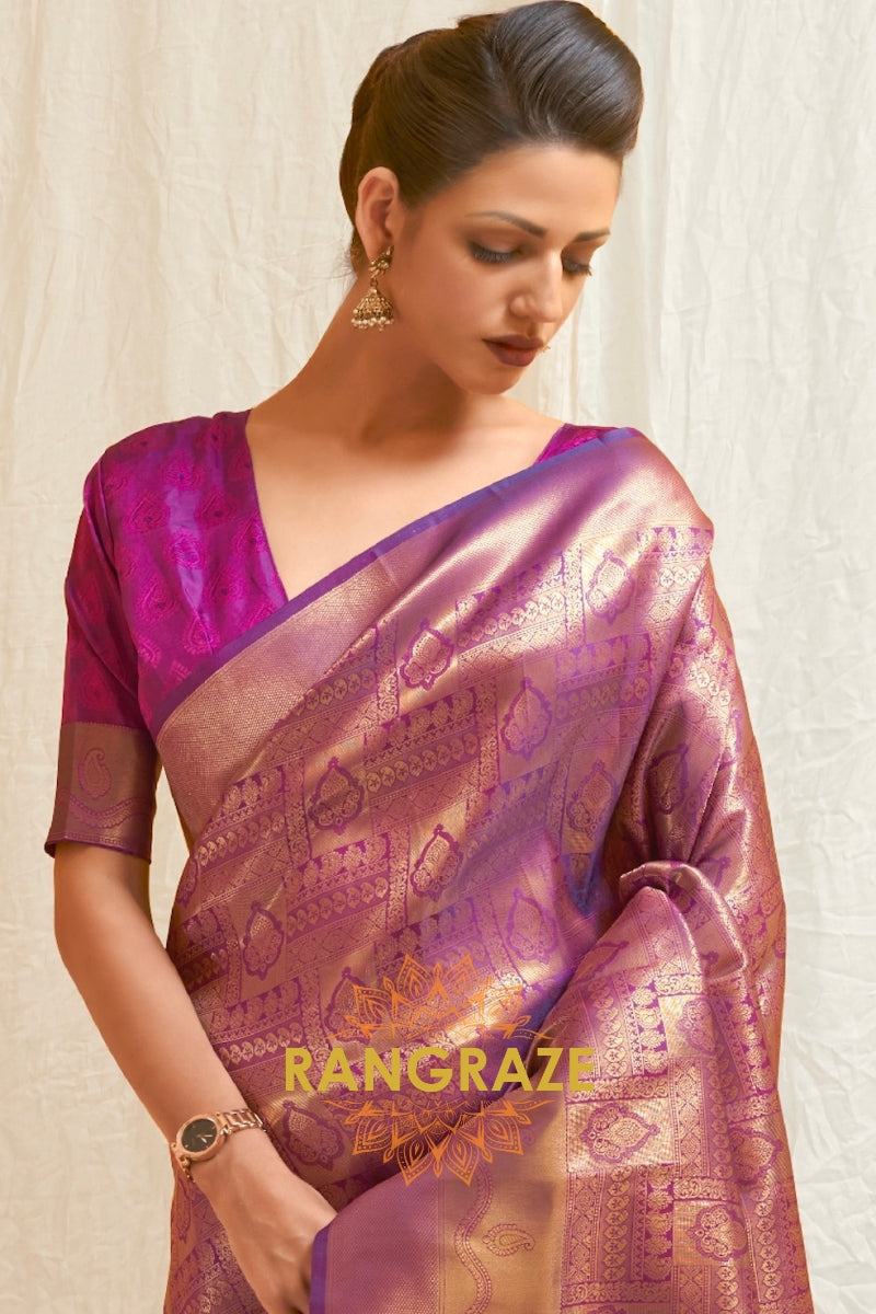 Glitter Purple Handloom Weaving Kanjivaram Silk Saree