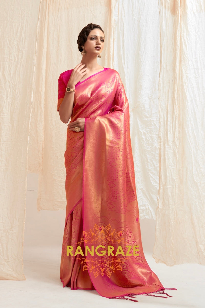 Glitter Red Handloom Weaving Kanjivaram Silk Saree