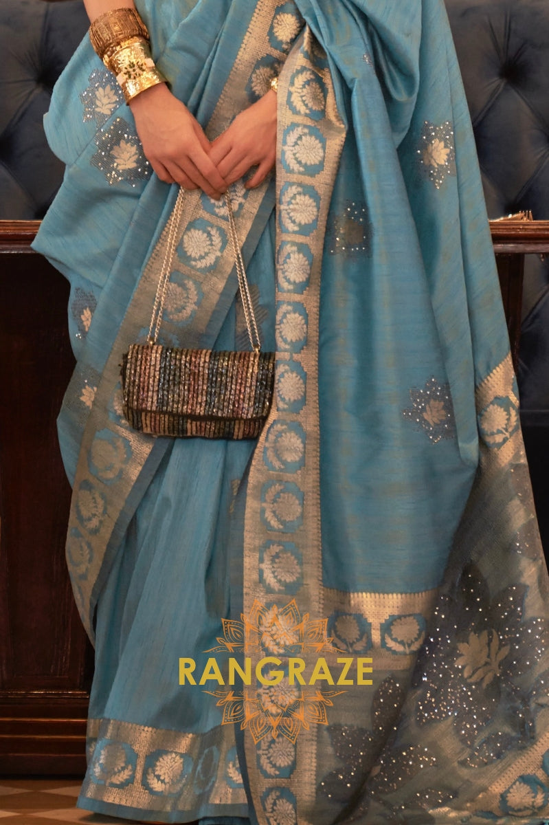 Turquoise Tusser Silk Saree With Rich Sequin Work