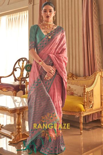 Pink Dual Tone Bronze Zari Woven Soft Silk Saree