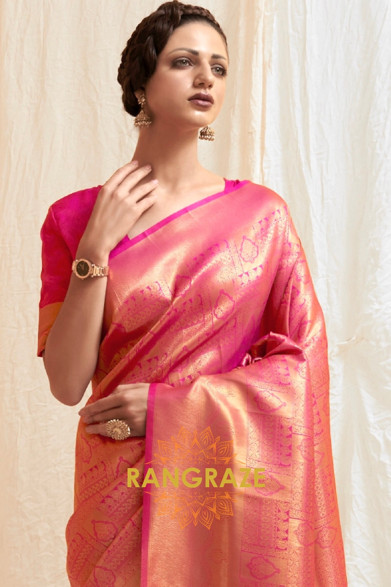 Glitter Red Handloom Weaving Kanjivaram Silk Saree