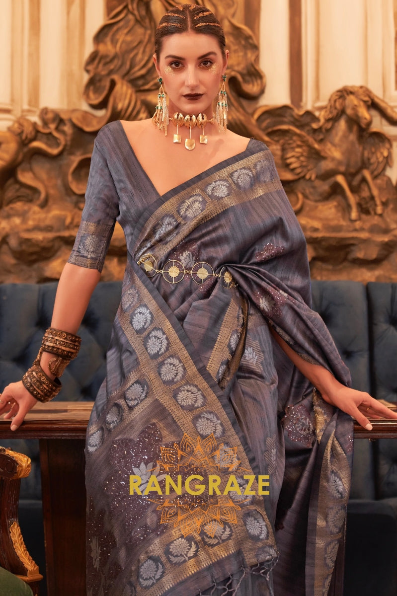 Charcoal Black Tusser Silk Saree With Rich Sequin Work