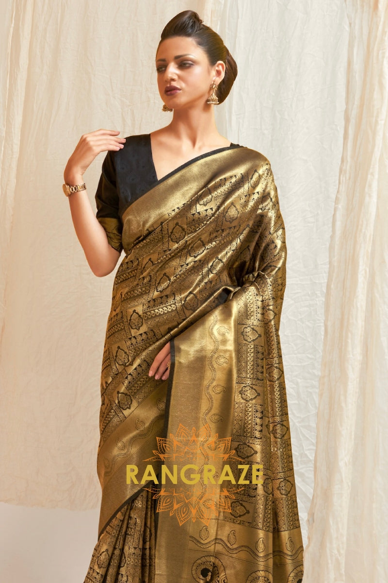 Glitter Black Handloom Weaving Kanjivaram Silk Saree