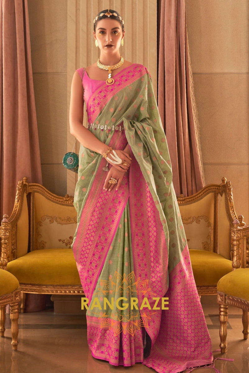 Olive Green Dual Tone Bronze Zari Woven Soft Silk Saree