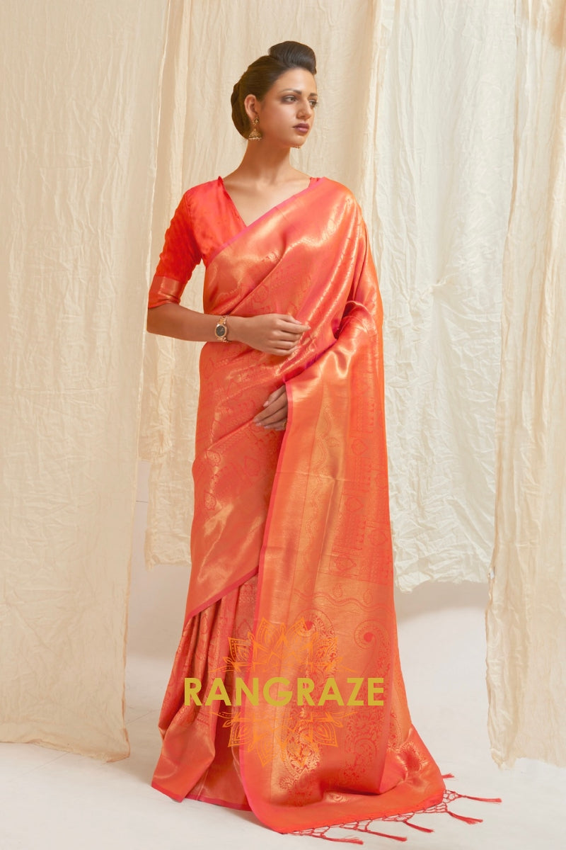 Glitter Orange Red Handloom Weaving Kanjivaram Silk Saree