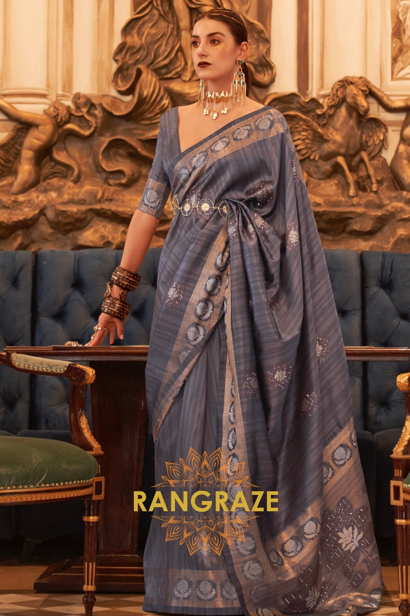 Charcoal Black Tusser Silk Saree With Rich Sequin Work