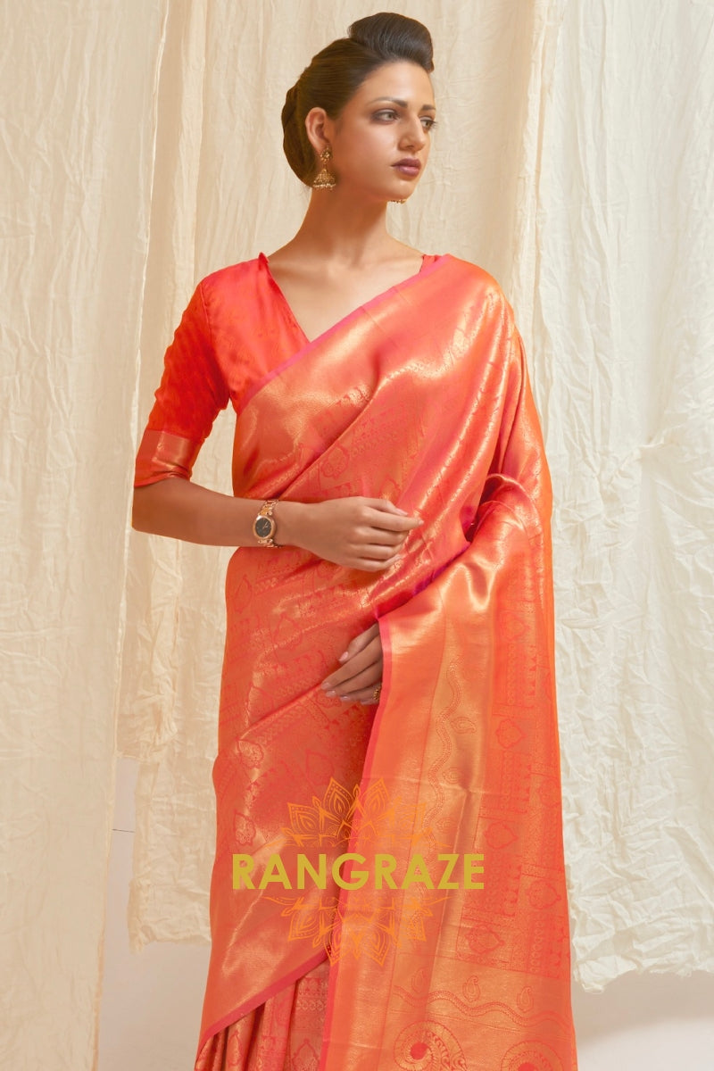 Glitter Orange Red Handloom Weaving Kanjivaram Silk Saree