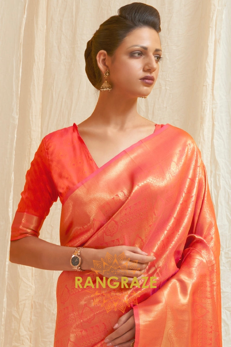 Glitter Orange Red Handloom Weaving Kanjivaram Silk Saree