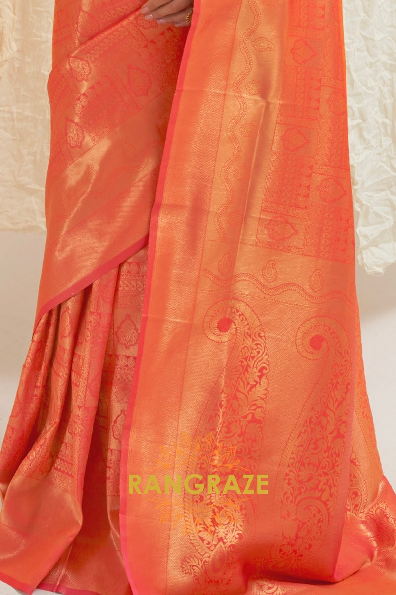 Glitter Orange Red Handloom Weaving Kanjivaram Silk Saree