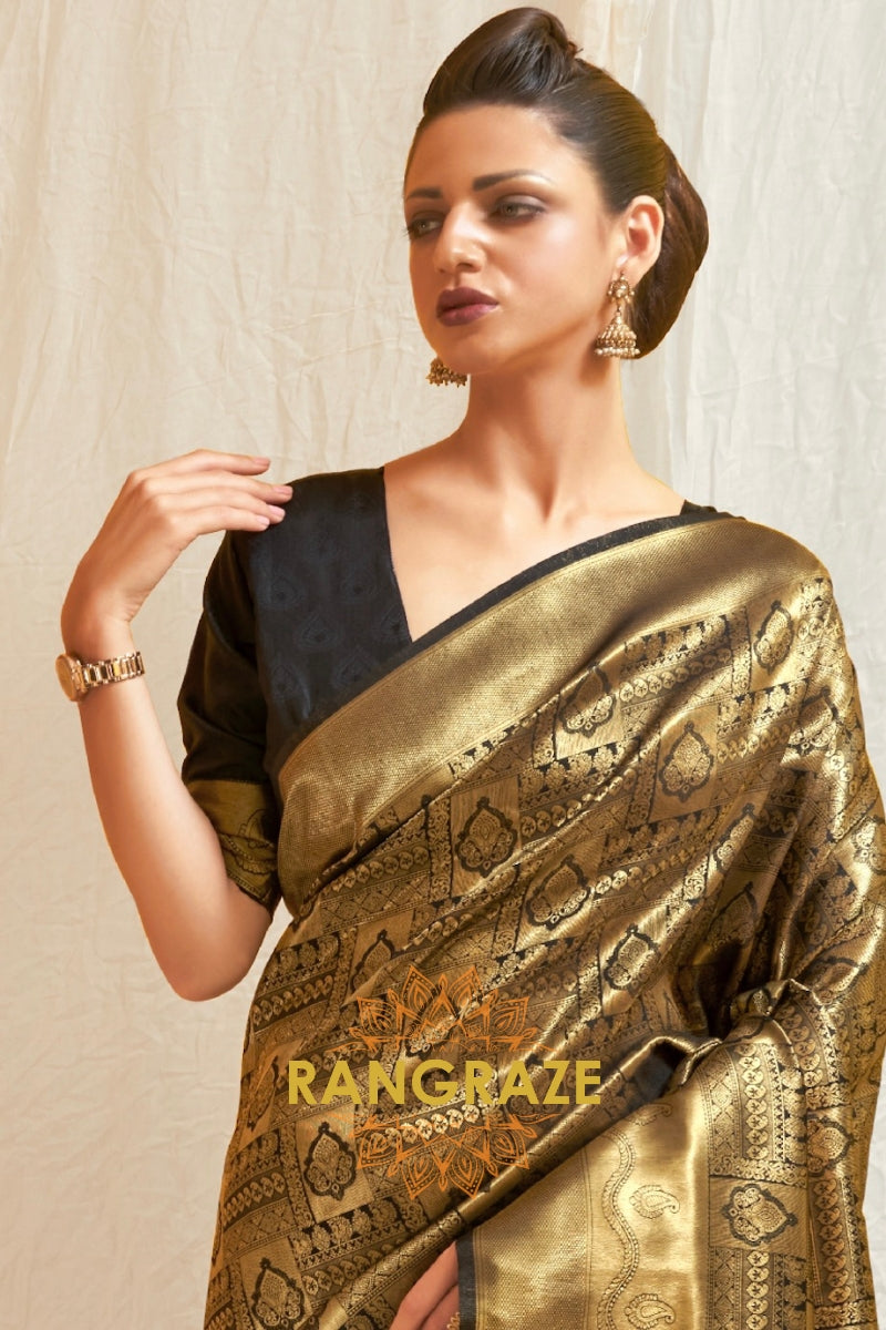 Glitter Black Handloom Weaving Kanjivaram Silk Saree